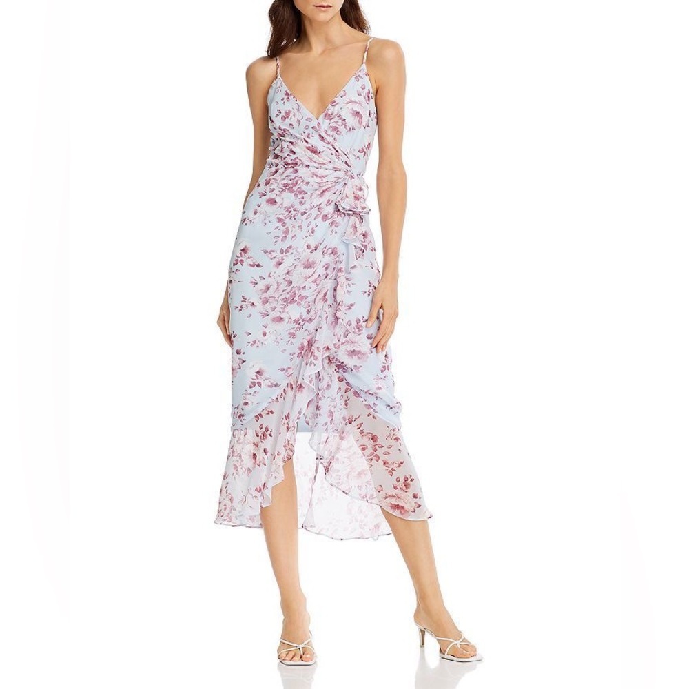Bardot Floral Mermaid Midi Dress Faux Wrap Blue Burgundy Wedding Guest Fairy M - Picture 9 of 10